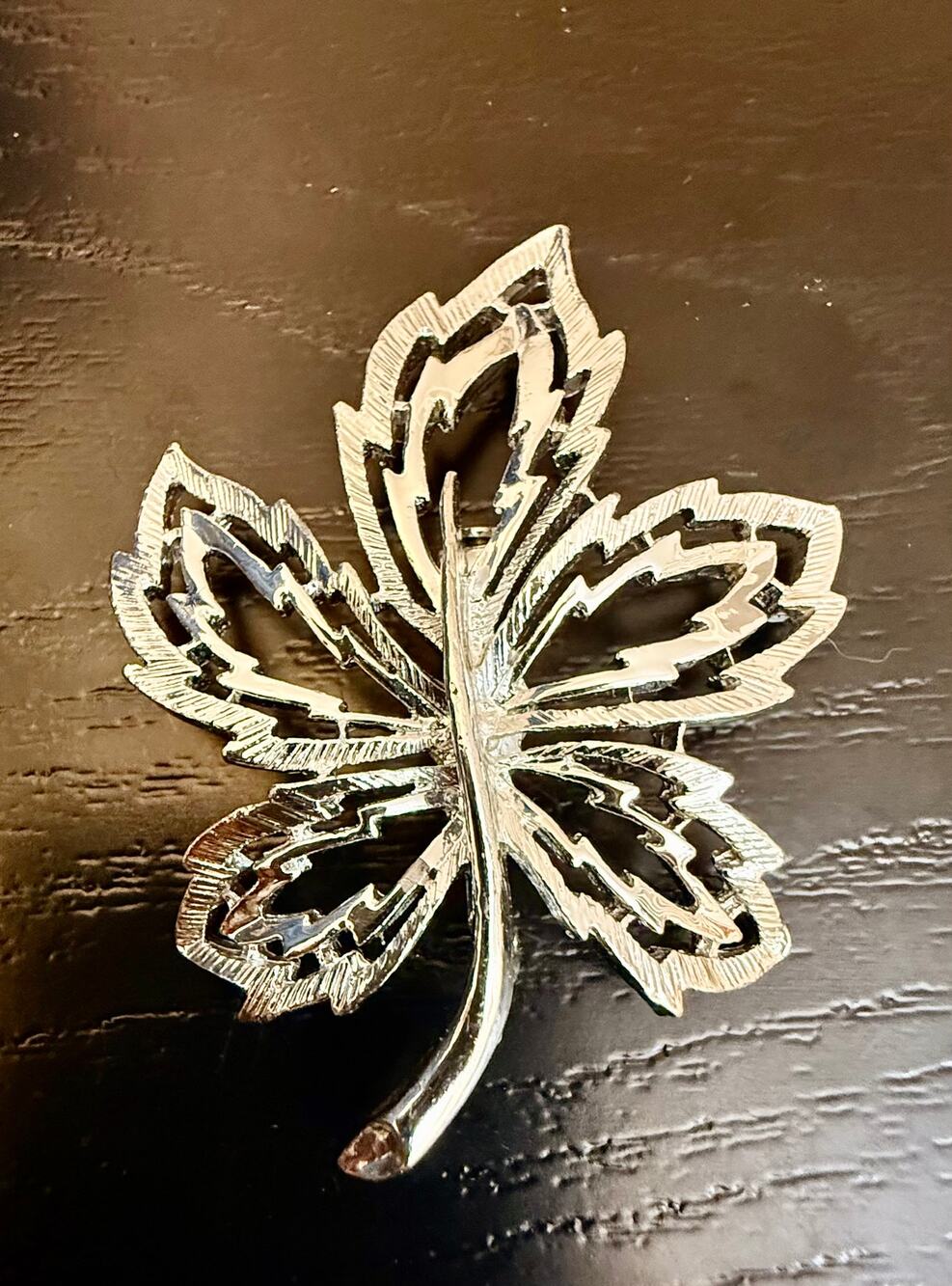 Vintage Silver Tone Openwork Maple Leaf Brooch Pin